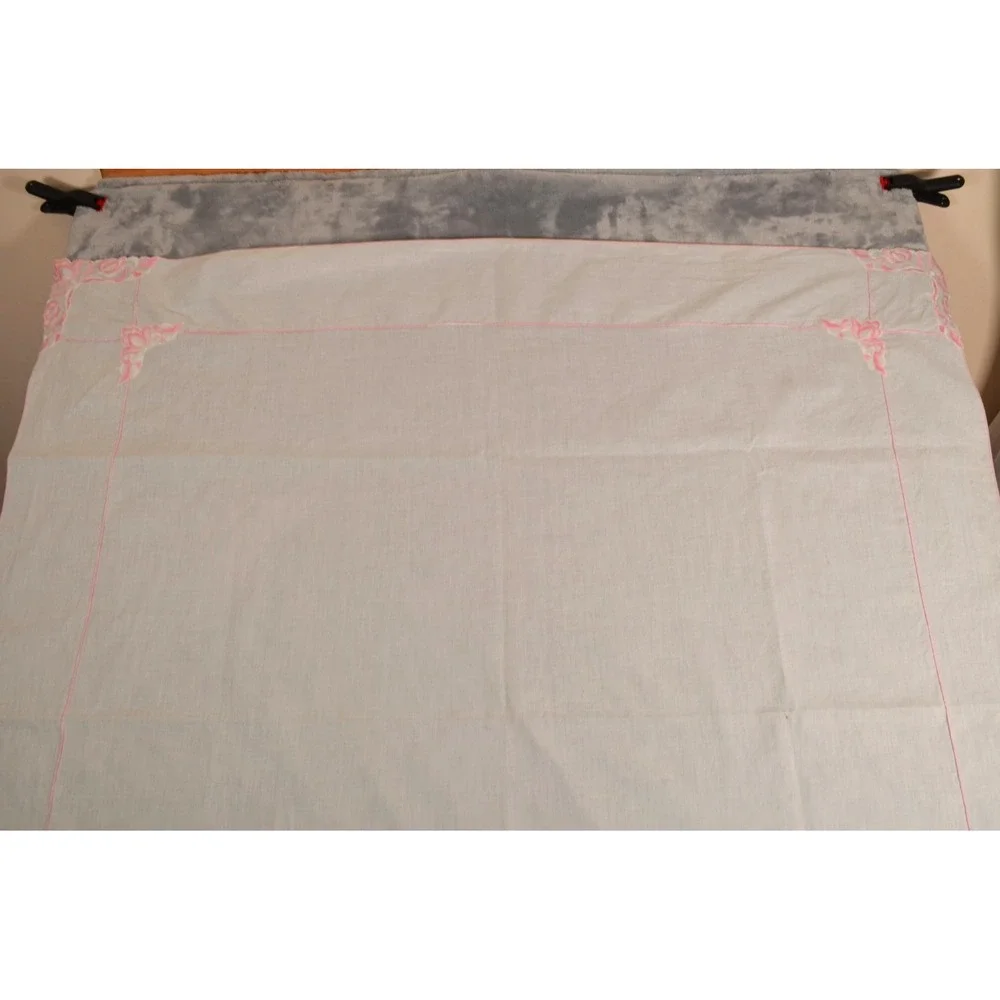 Vintage White Floral Tablecloth with Pink Roses and Line Accents 50x50